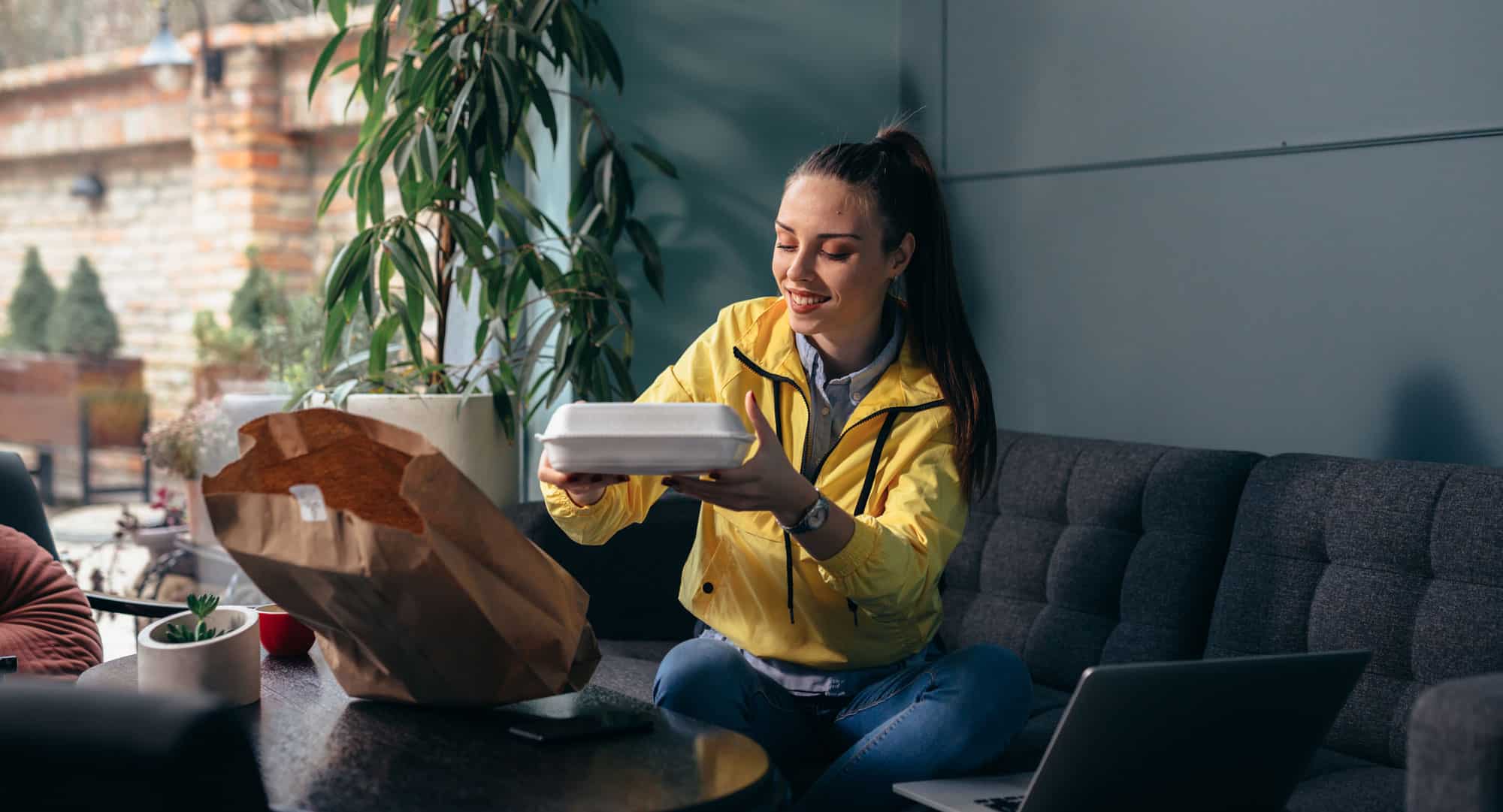 woman with takeout food